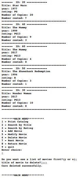printTitled(); void addMovie(); void returnMovie(); void rentMovie(); void saveToFile(char *filename); void printMovie(movie