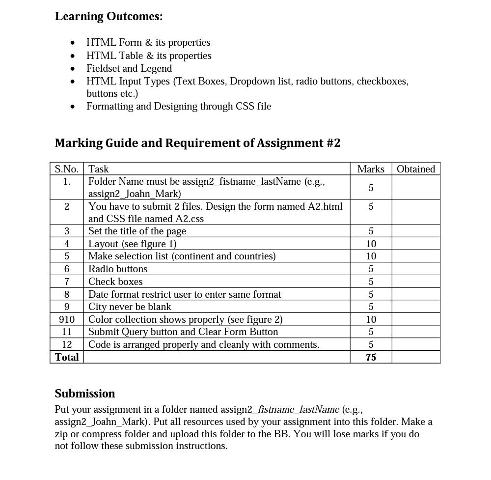  Learning Outcomes: HTML Form & its properties HTML Table & its