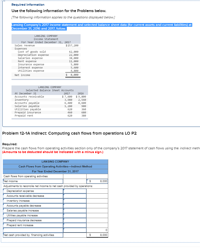 Required Information Use the following information for the Problems below. [The