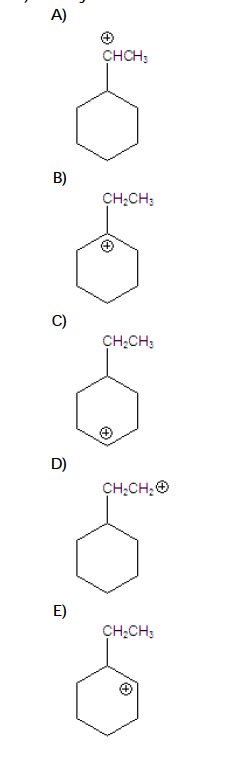 Identify the most stable carbocation. A) CHCH B) ) CH2CH3 C) CH2CH3