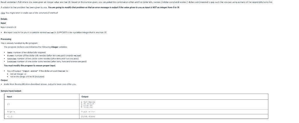 Using python Recal yesterday's Pe where you were given an integer vele