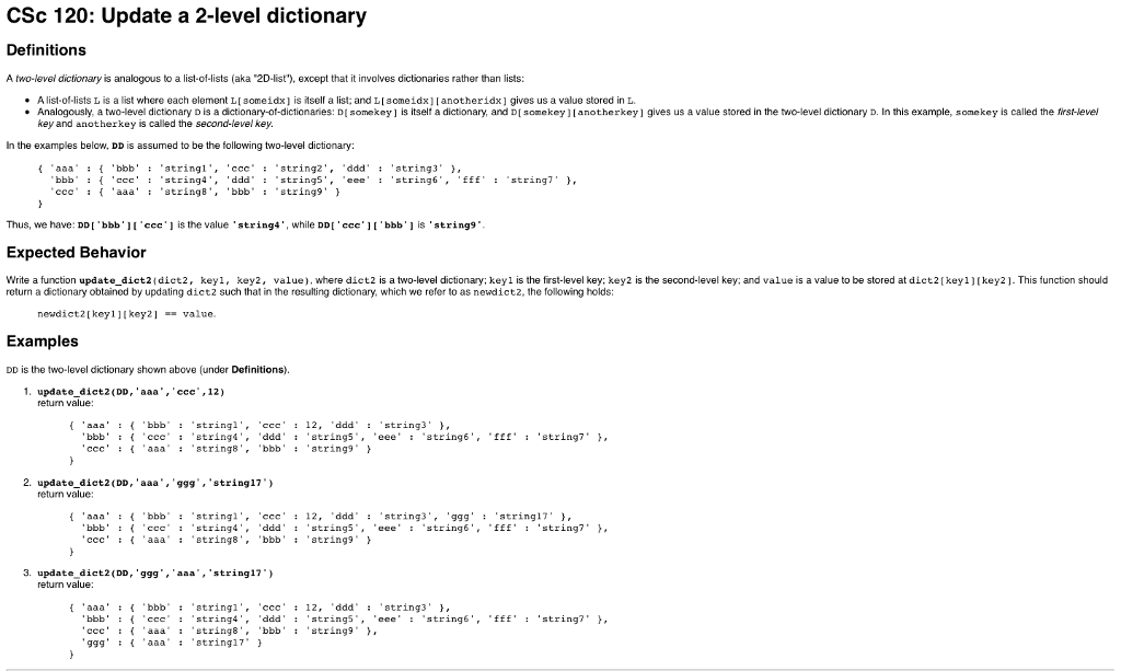 code this as in python coding CSc 120: Update a 2-level dictionary
