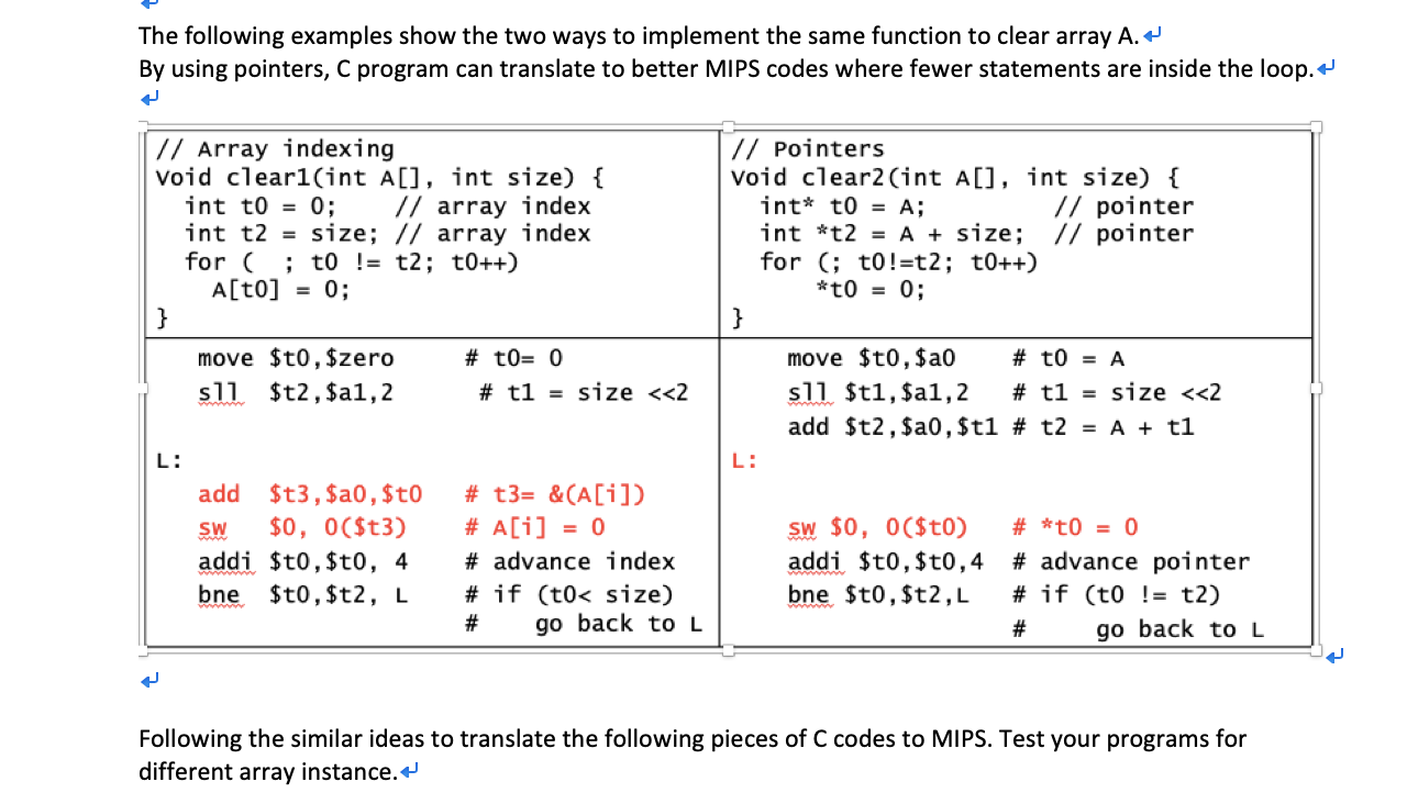 Translate C Programs with Array indexing and Pointer to MIPS code The