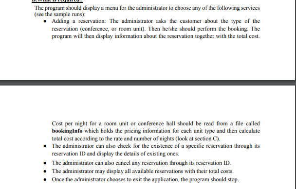 The program should display a menu for the administrator to choose