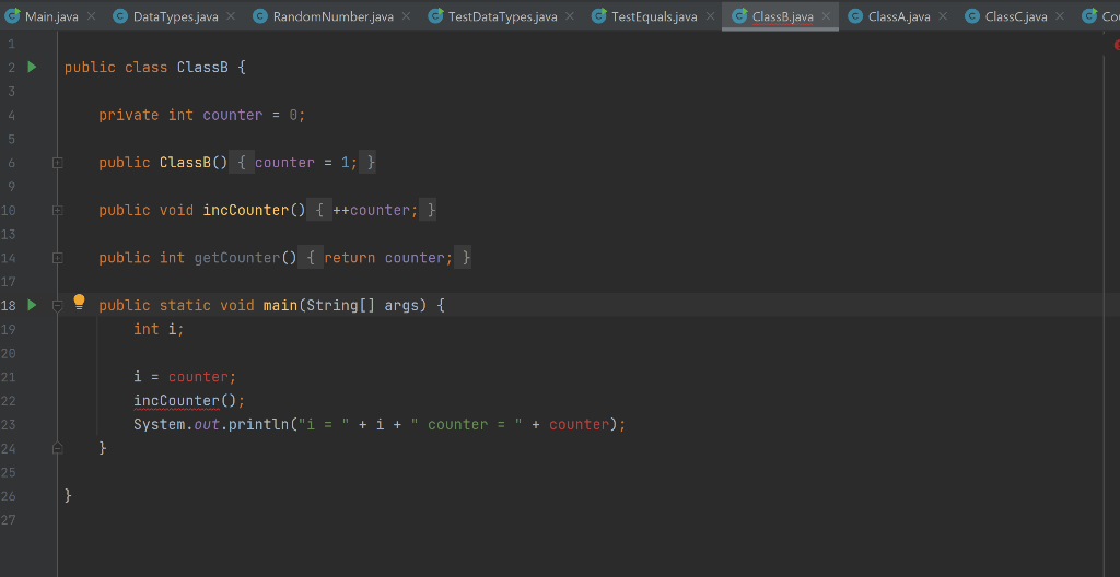 3 }; DataTypes data1 = new DataTypes(2, 2.3, 'a', false, new ClassA());