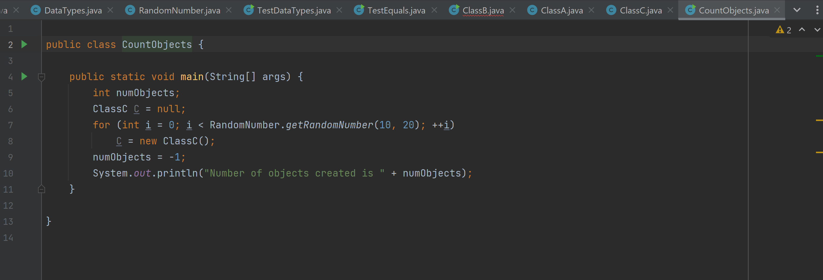 DataTypes data2 = new DataTypes(2, 2.3, 'a', false, new ClassA()); DataTypes data3