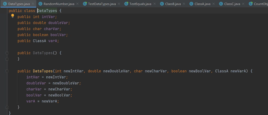 = new DataTypes(2, 2.3, 'a', false, new ClassA(3, arr1)); DataTypes data4 =