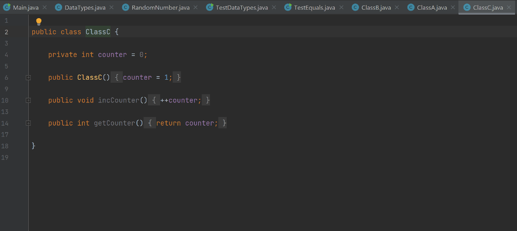 DataTypes(2, 2.3, 'f', true, new ClassA(3, arr2)); DataTypes data6 = new DataTypes(2,