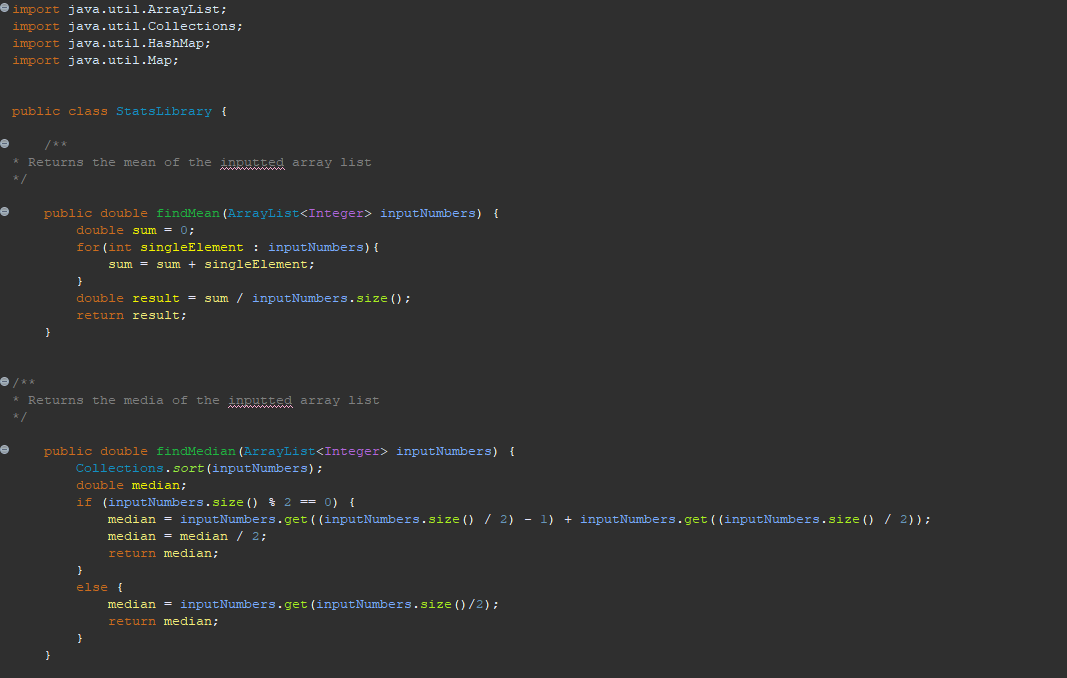 Please add methods in the statsLibrary class along with the findMean,