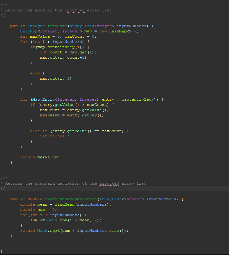 findMedian, findMode, and findStandardDeviation methods for solving the combinations and permutations of