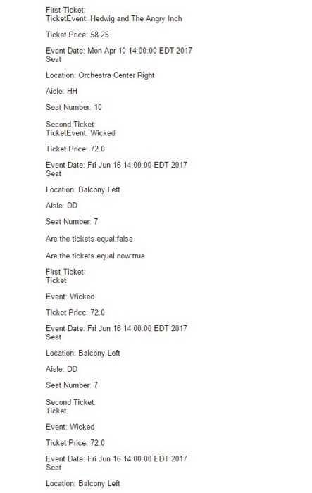 Seat and Ticket equals code txt (997 B) Write two java classes