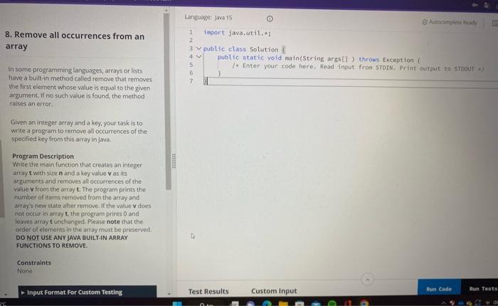  8. Remove all occurrences from an array import java.util,*; array 3
