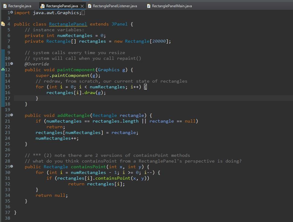 // instance variables: attributes a Rectangle object "has" private int x; private
