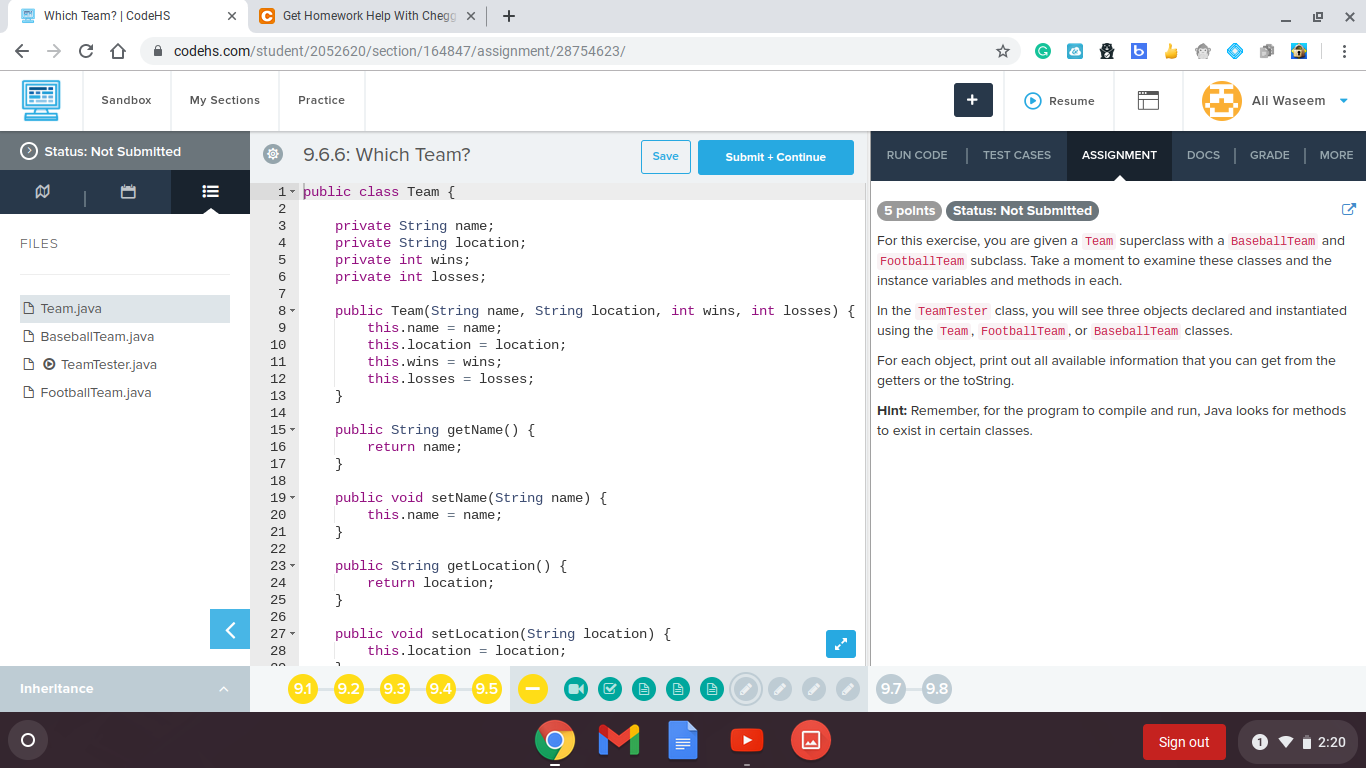 For this exercise, you are given a Team superclass with a BaseballTeam