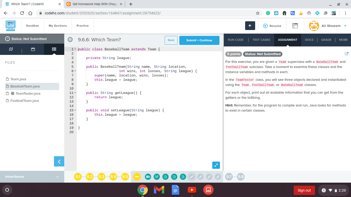 and FootballTeam subclass. Take a moment to examine these classes and the
