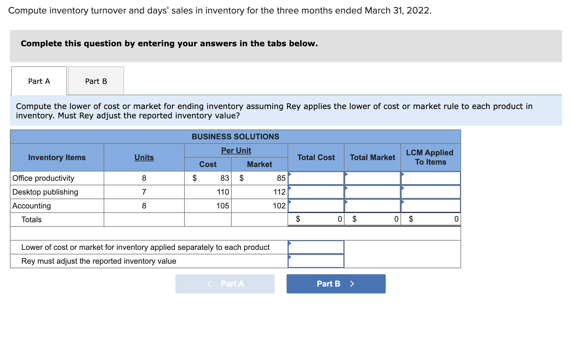 Part A Santana Rey of Business Solutions is evaluating her inventory to