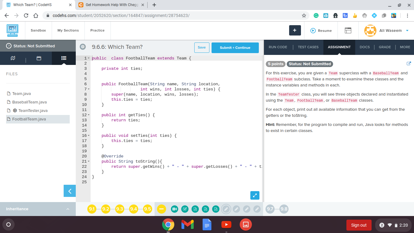 see three objects declared and instantiated using the Team, FootballTeam, or BaseballTeam