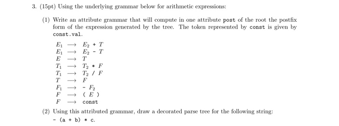  3. (15pt) Using the underlying grammar below for arithmetic expressions: (1)