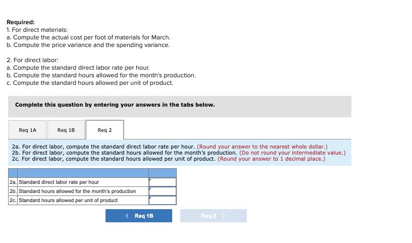 Cost Direct materials 3 feet $5 per foot $ 15 Direct labor