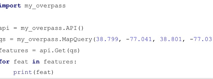 running python, and in script mode >>> import overpass 1. Use a