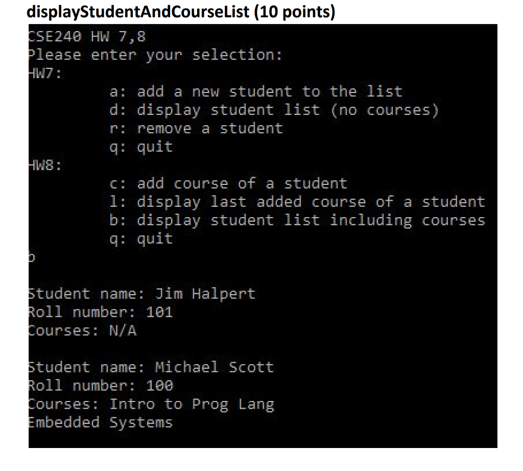of struct 'student' which has: student name, roll number, and a linked
