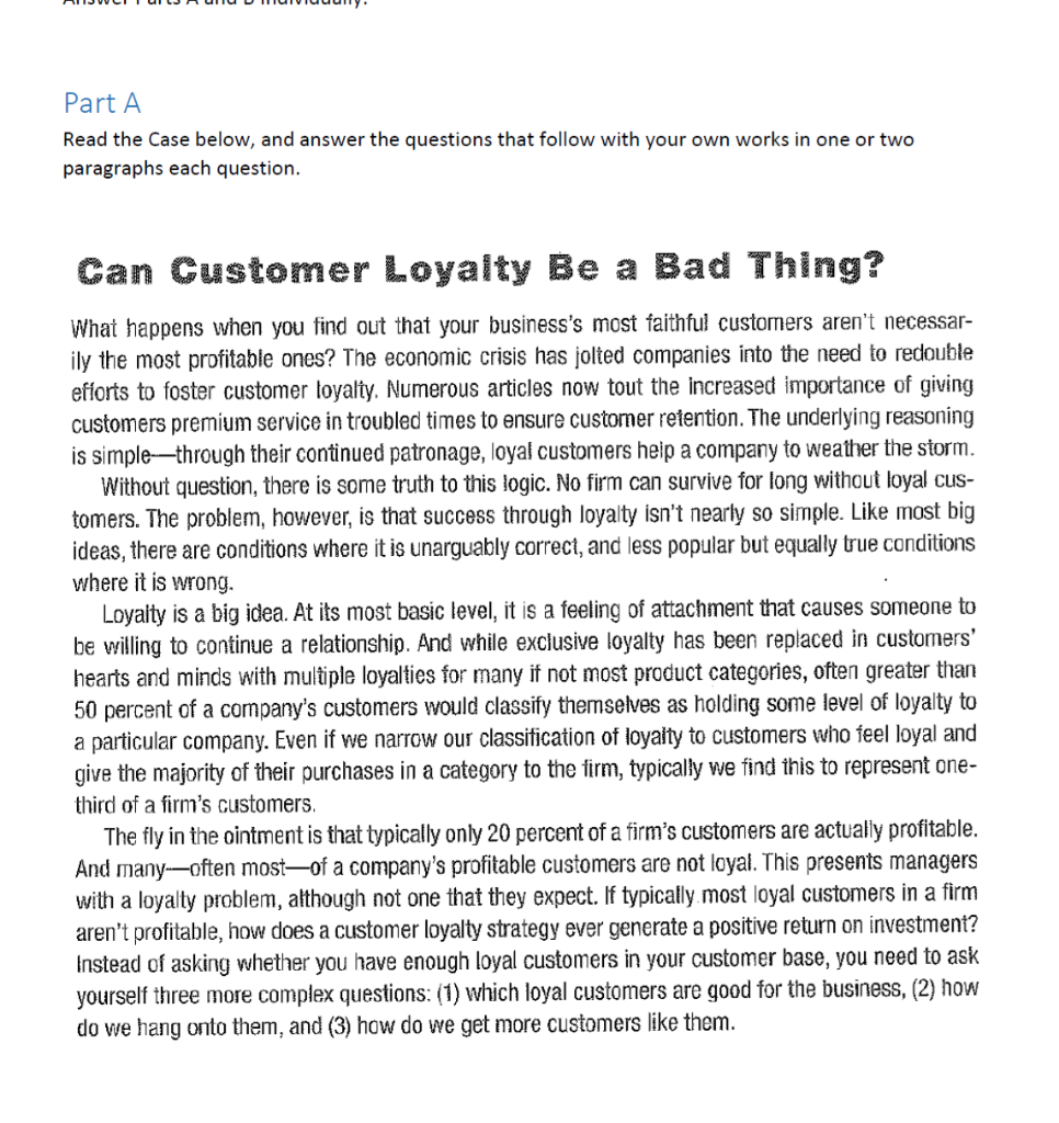 Part A Read the Case below, and answer the questions that