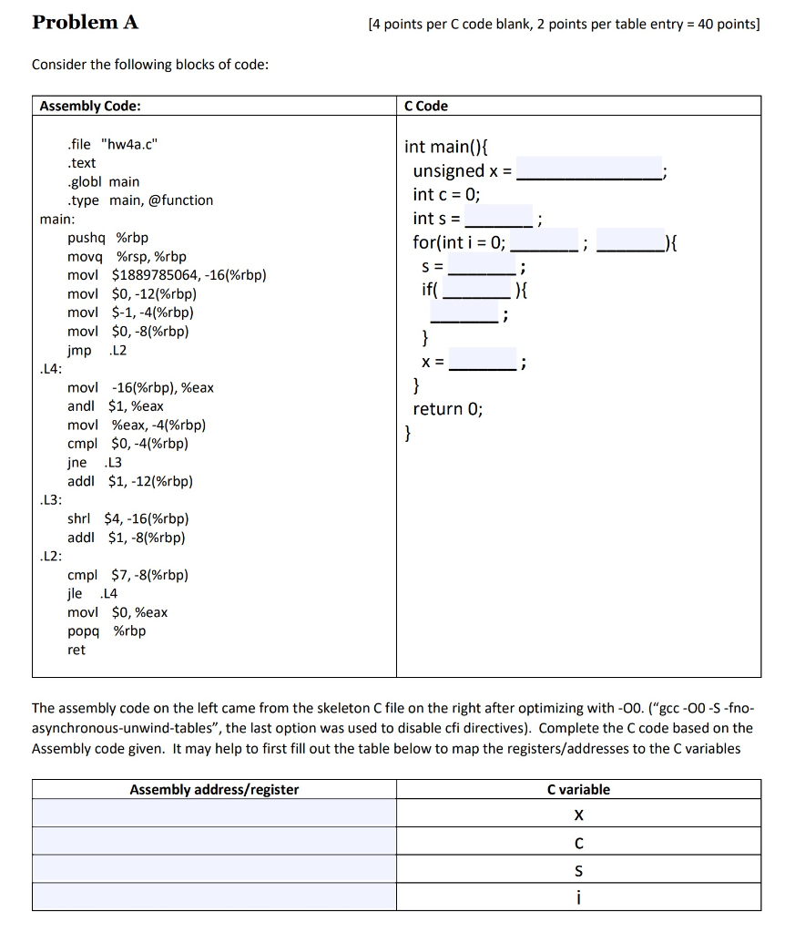  Problem A [4 points per C code blank, 2 points per