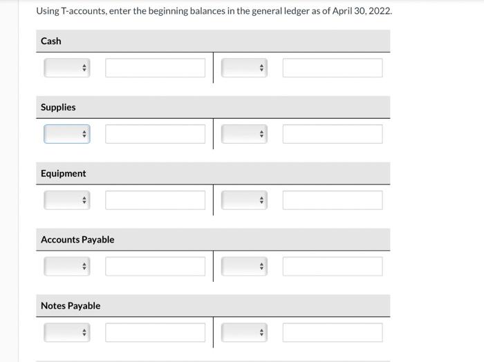 Cash $5,400, Supplies $540, Equipment $ 25,920, Accounts Payable $ 2.270, Notes