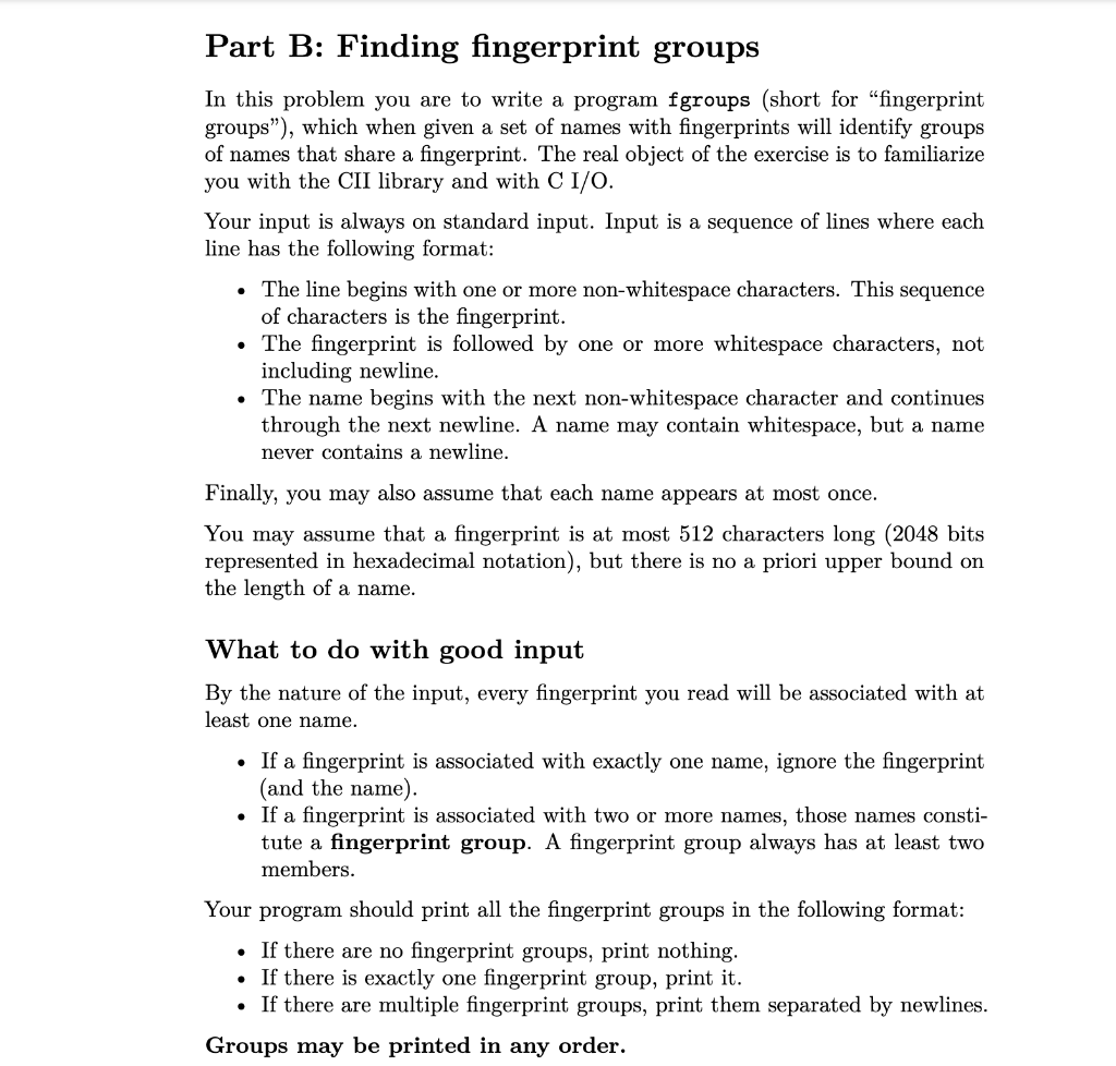 using C language answer the following program question Part B: Finding fingerprint