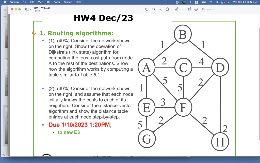HW4 Dec/23 1. Routing algorithms: - (1). (40\%) Consider the network