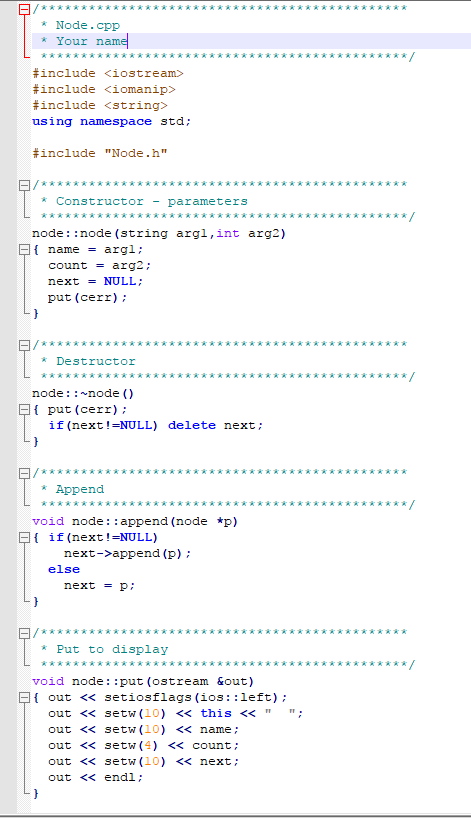:in) p = new node (name , count) ; p->put (cout): delete
