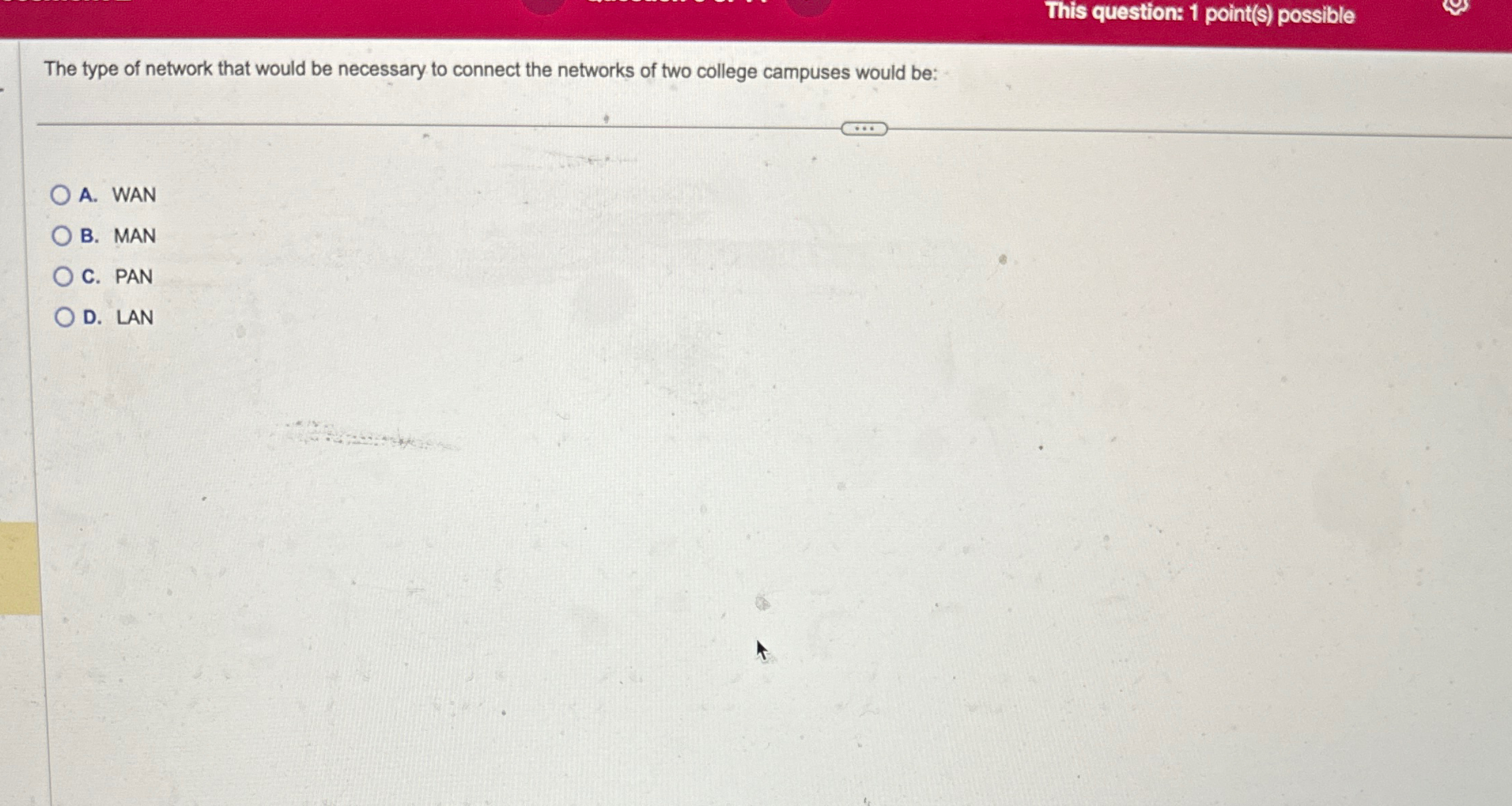  This question: 1 point(s) possible The type of network that would