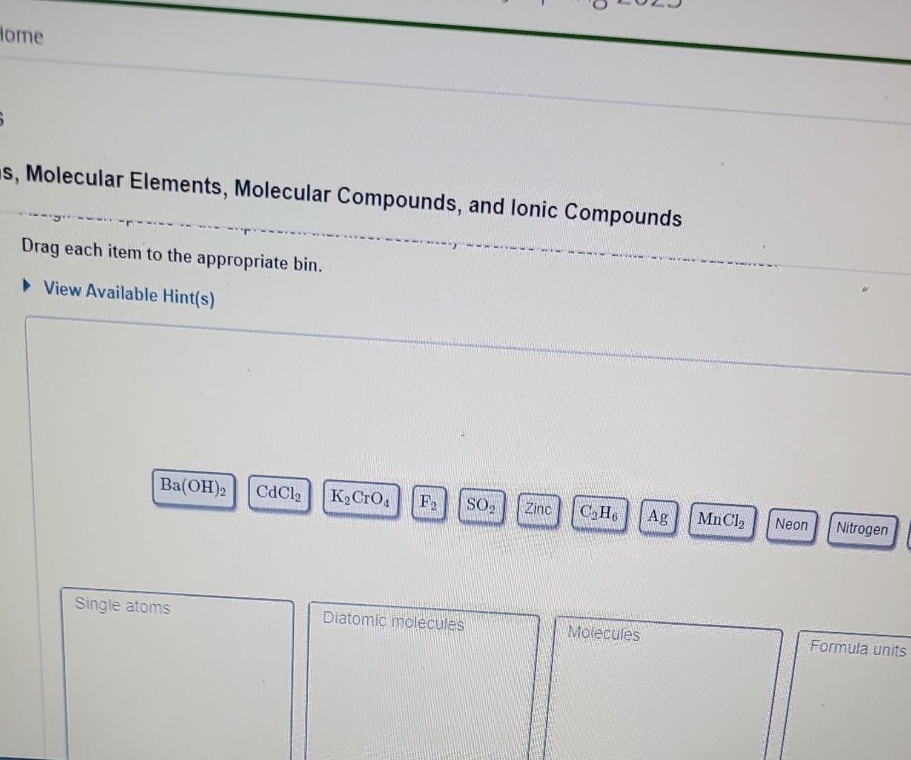 s, Molecular Elements, Molecular Compounds, and lonic Compounds Drag each item