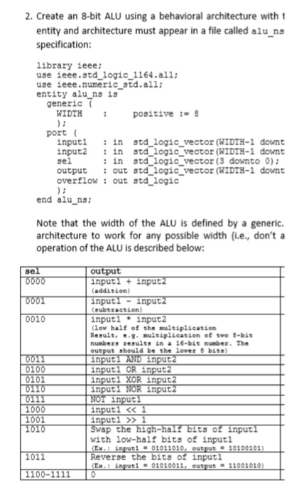  2. Create an 8-bit ALU using a behavioral architecture with 1