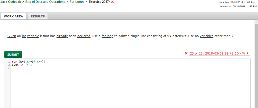  Java CodeLab > Bits of Data and Operations> For Loops> Exercise