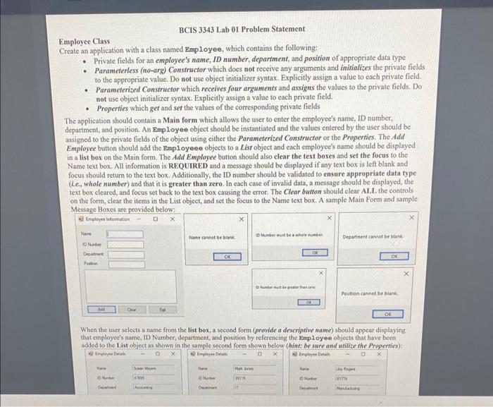  BCIS 3343 Lab 01 Problem Statement Employee Class Create an application