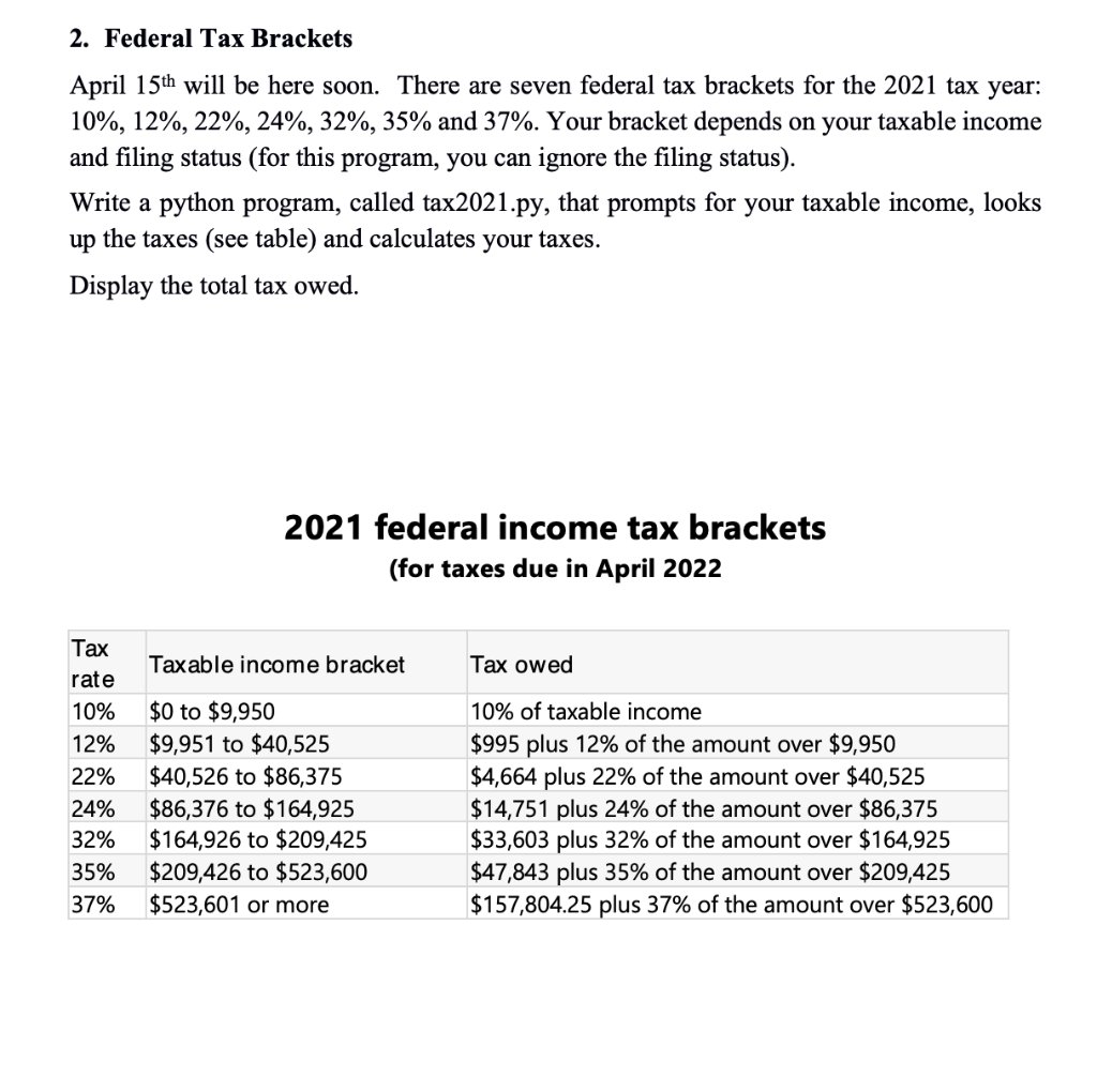 In Python please... 2. Federal Tax Brackets April 15th will be here