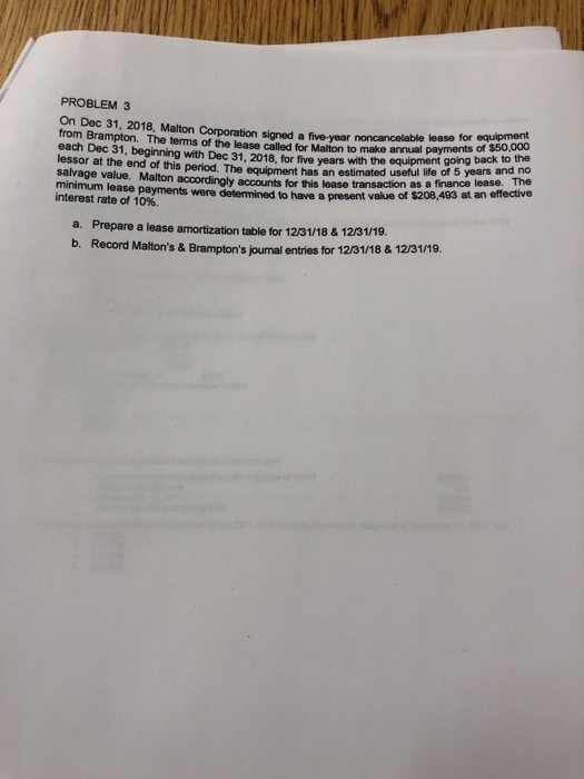  PROBLEM 3 On Dec 31, 2018, Malton Corporation from Brampton. The