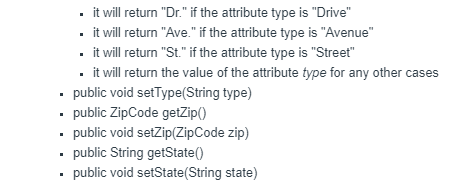 name; private Address address: Constructors No-parameter All-parameter Methods String toString) Get/Set methods