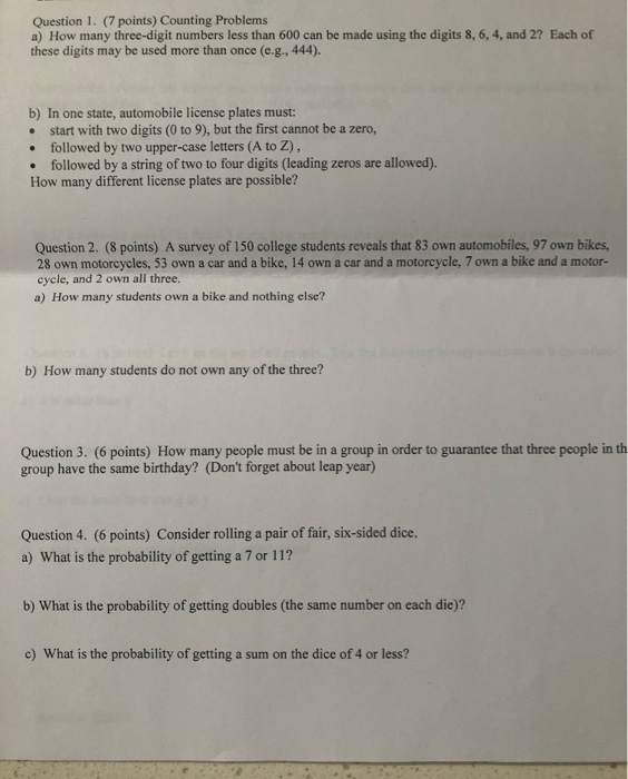  Question 1. (7 points) Counting Problems a) How many three-digit numbers