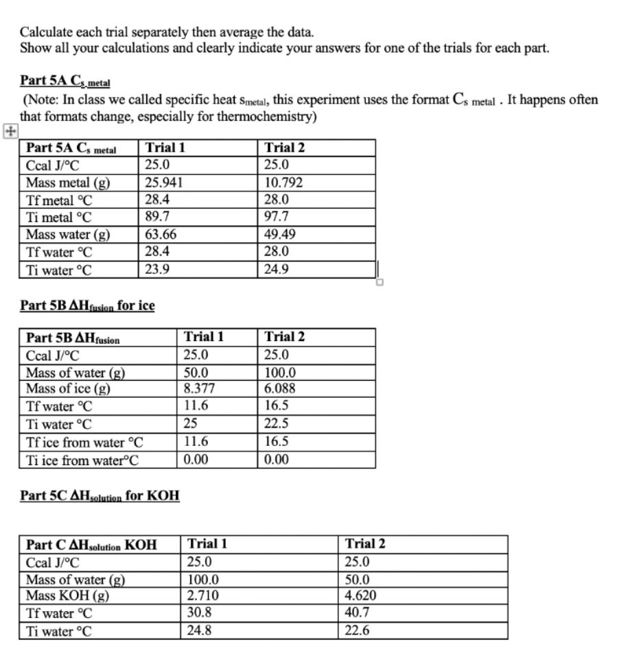  Calculate each trial separately then average the data. Show all your