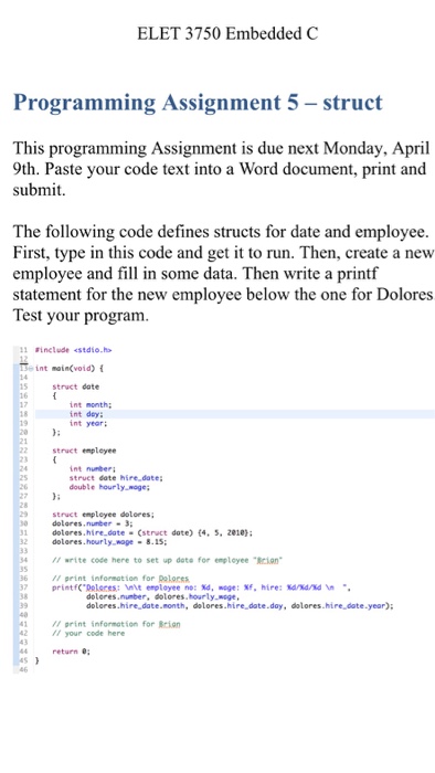  ELET 3750 Embedded C Programming Assignment 5- struct This programming Assignment