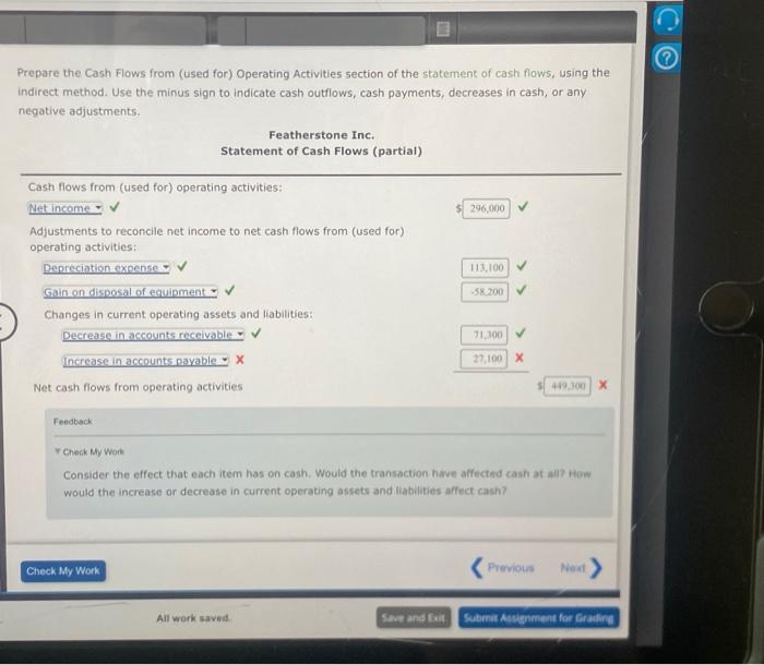  Prepare the Cash Flows from (used for) Operating Activities section of