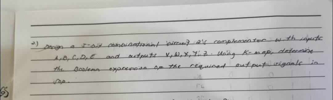 Design a 5-bit combinational circuit 2's complementer with inputs a,b,c,d,e and outputs