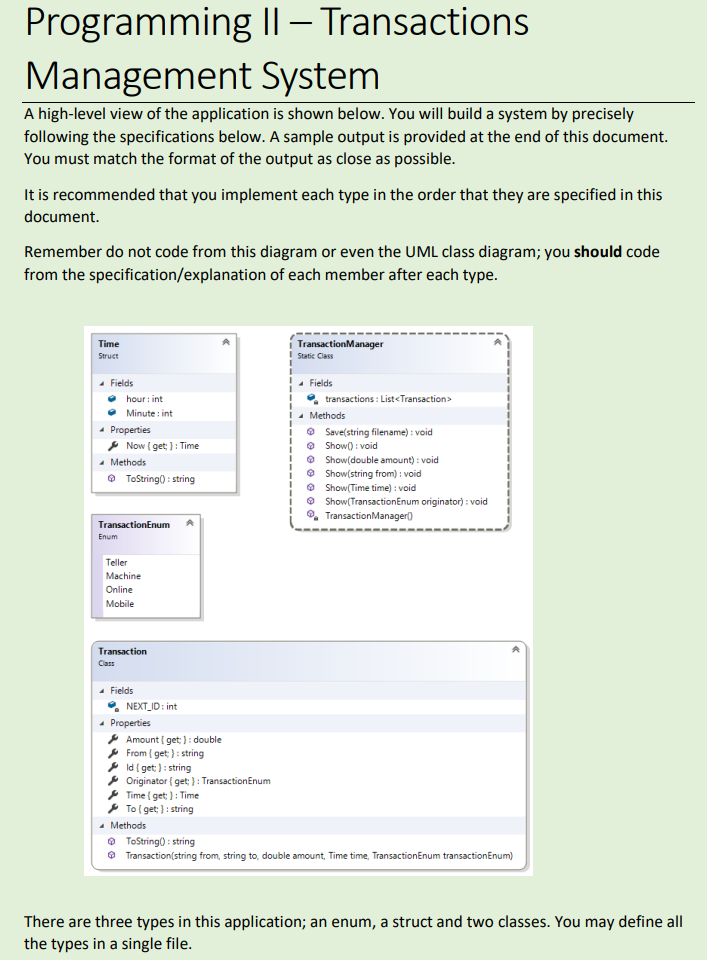 Code in c# .NET please. Programming Transactions Management System A high-level view
