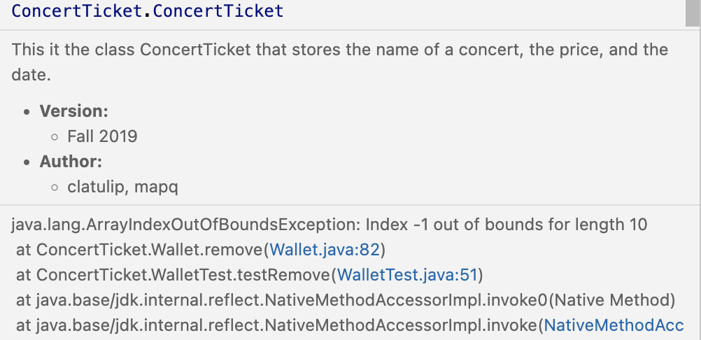 a concert ticket from the wallet class. I keep getting an index