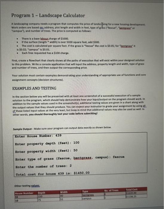 Java script program Program 1 - Landscape Calculator A landicaping company needs