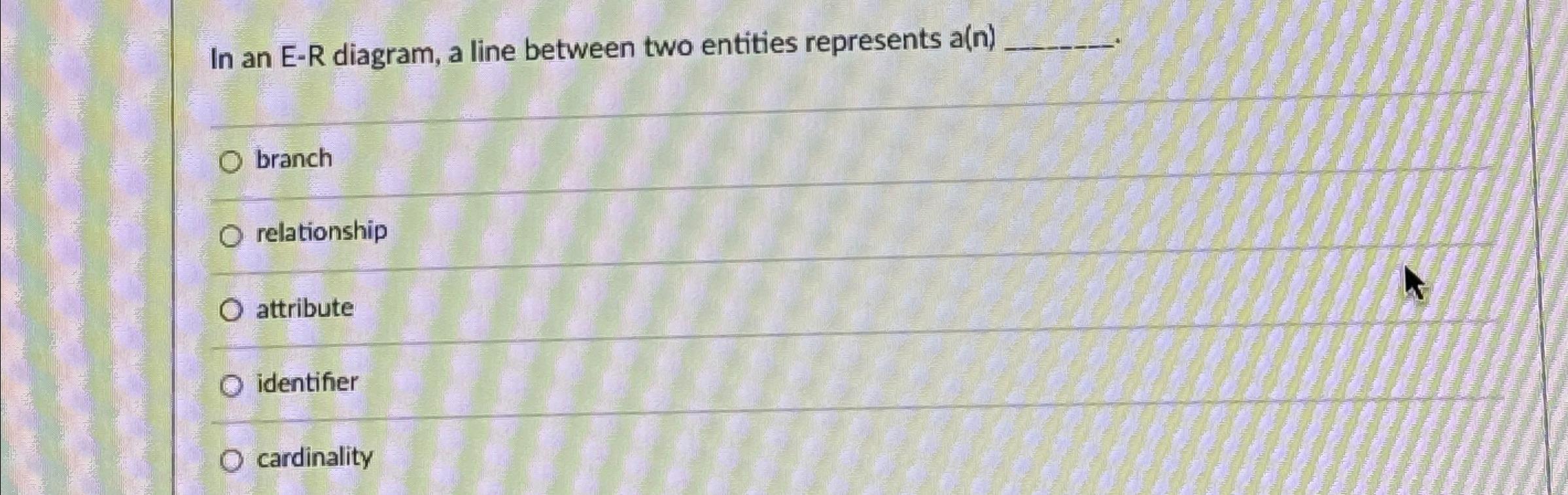  In an E-R diagram, a line between two entities represents a(n)q,.q,