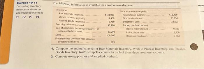  Exerclse 19.11 Computing inventory balances and over- or: underapplied overhead P1P2P3P4
