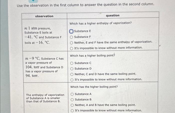  Use the observation in the first column to answer the question